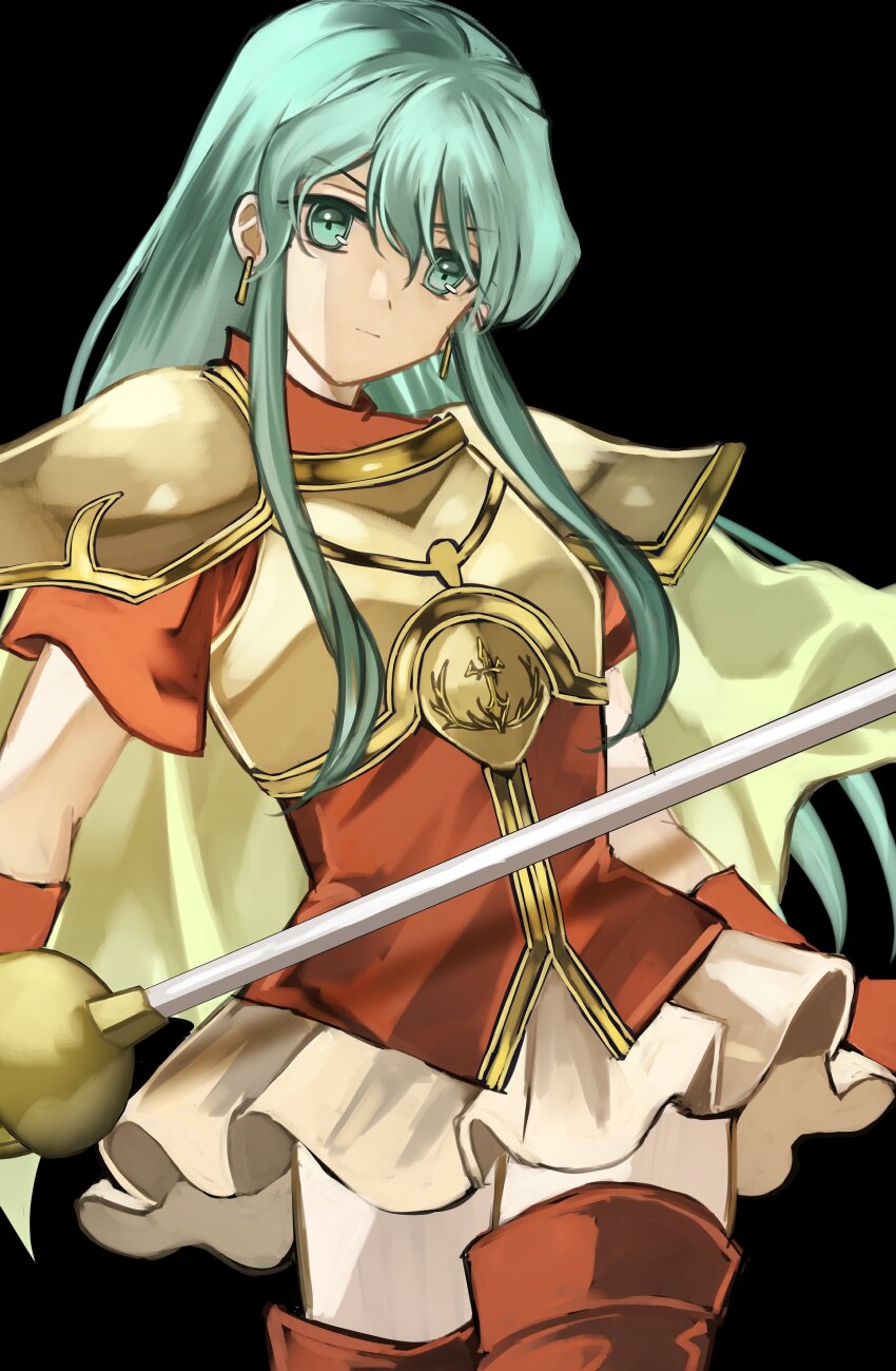 1girl absurdres armor black_background blue_eyes blue_hair boots breastplate brown_skirt commentary_request earrings eirika_(fire_emblem) fire_emblem fire_emblem:_the_sacred_stones frown hair_behind_ear head_tilt highres holding holding_sword holding_weapon jewelry long_hair nintendo omlililimo pauldrons rapier red_boots red_shirt shirt shoulder_armor sidelocks simple_background skirt solo sword thigh_boots v-shaped_eyebrows very_long_hair weapon