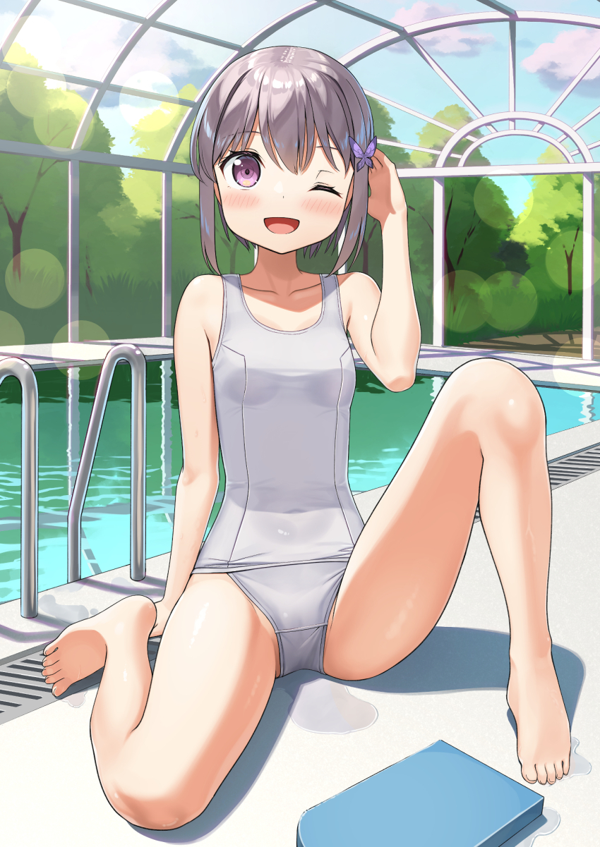 1girl apollo_(hu_maple) barefoot butterfly_hair_ornament commentary_request glass_ceiling grey_hair hair_ornament highres indoors kickboard looking_at_viewer old_school_swimsuit one-piece_swimsuit one_eye_closed original pool poolside purple_eyes school_swimsuit short_hair sidelocks smile solo swimsuit white_one-piece_swimsuit white_school_swimsuit
