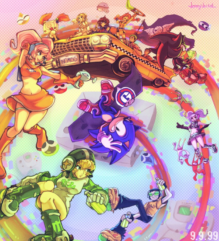 6+boys 6+girls absolutely_everyone absurdres ahoge aika_(eternal_arcadia) aiming animal_ears animal_nose arm_behind_head arm_over_head arm_strap armpits axel_(crazy_taxi) bandage_on_face bandages belt black_fur black_gloves black_hair black_lips black_pants black_sclera black_skirt black_tank_top blonde_hair blue_eyes blue_fur boomerang boots bottle bracelet breasts brown_eyes brown_hair brown_jacket cadillac car casko chaos_emerald cheering cleavage cleavage_cutout clenched_teeth closed_eyes clothing_cutout colored_sclera controller convertible crazy_taxi crop_top cupil doppelganger dreamcast dreamcast-tan dreamcast_controller dress driving elbow_gloves energy_gun eternal_arcadia everyone evila eyelashes eyepatch facial_hair facial_mark fina_(eternal_arcadia) fingerless_gloves flag forehead_mark game_console game_controller gem glasses gloves goatee goggles goggles_on_head gold_bracelet green-tinted_eyewear green_eyes green_helmet green_sleeves grin grinding gum_(jsr) gun halterneck hand_on_own_hip hazuki_ryou headphones headset hedgehog helmet highres holding holding_gem holding_gun holding_sword holding_weapon inline_skates jacket jennyjackals jet_set_radio jewelry knee_boots leather leather_jacket leg_strap leg_up license_plate lips looking_at_another looking_at_viewer looking_back medium_breasts midair midriff morolian motor_vehicle multicolored_footwear multicolored_hair multiple_boys multiple_girls navel newgrounds on_car open_mouth orange_boots orange_gloves orange_hair orange_shirt orange_skirt pants parted_lips personification pink_hair pink_lips pirate pointing puffy_short_sleeves puffy_sleeves purple_hair purple_headphones puyo_(puyopuyo) puyopuyo ray_gun red_fur roller_skates sega_dreamcast shadow_the_hedgehog shenmue shirt shoes short_dress short_hair short_sleeves short_tail short_twintails single_glove sitting sitting_on_car skates skirt sleeveless smile snowboard soap_shoes sonic_(series) sonic_adventure_2 sonic_the_hedgehog space_channel_5 spiked_hair spray_bottle spray_can standing streaked_hair striped_sleeves sword t-shirt tail tank_top taxi teeth thigh_strap tinted_eyewear twintails two-tone_fur ulala upskirt v vyse watermark weapon white_gloves white_shirt wrist_guards y2k_fashion yellow_dress yellow_shirt