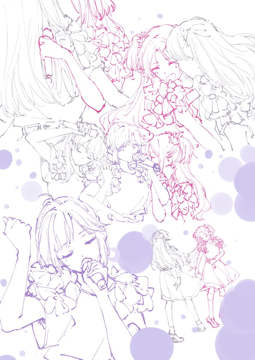 3girls 4th_live_dream_~bloom_the_dream_believers~ :d ^_^ ahoge anyoji_hime blush closed_eyes fujishima_megumi grey_theme highres holding holding_microphone l9525 link!_like!_love_live! long_hair love_live! medium_skirt microphone mira-cra_park! multiple_girls multiple_monochrome open_mouth osawa_rurino pink_theme purple_theme shirt short_sleeves sidelocks sketch skirt smile standing t-shirt twintails two_side_up virtual_youtuber white_background yuri