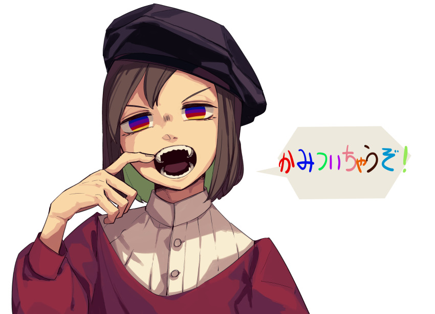 1boy beret black_hat brown_hair buttons colored_inner_hair colored_pencils_(paper_mario) commentary_request dress_shirt fingernails green_hair hand_on_own_face hat highres long_sleeves male_focus mario_(series) mouth_pull multicolored_eyes multicolored_hair mumumu57hiro nintendo open_mouth paper_mario paper_mario:_the_origami_king personification puffy_long_sleeves puffy_sleeves red_tunic shirt short_hair simple_background solo speech_bubble teeth translation_request tunic upper_body white_background white_shirt