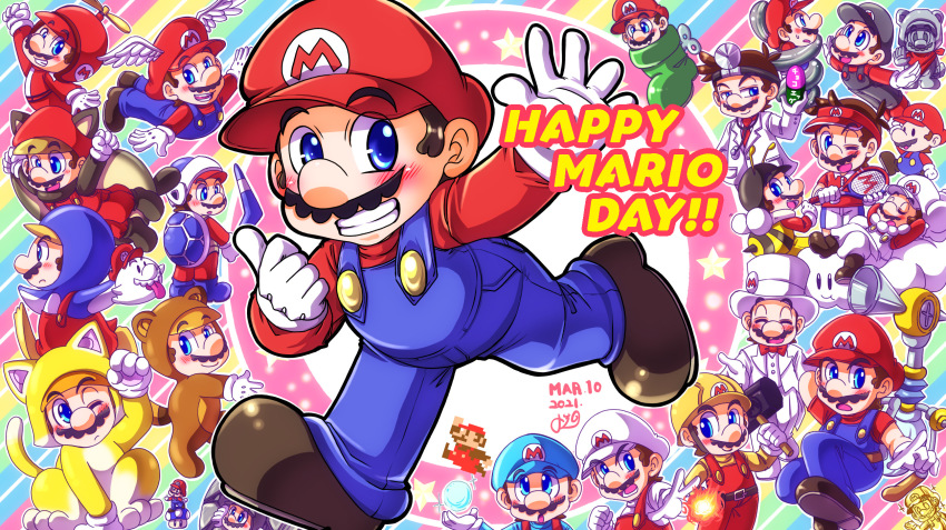 6+girls 73kou33 animal_ears bee_mario blue_eyes boo_(mario) boomerang boomerang_mario cat_mario cloud_mario dr._mario dr._mario_(game) f.l.u.d.d. facial_hair fire fire_mario flying flying_mario ghost gloves grin hammer hammer_mario happy_birthday hat highres ice ice_mario kuribo&#039;s_shoe looking_at_viewer mario mario_(series) mario_tennis mario_tennis_aces multiple_girls mustache new_super_mario_bros. new_super_mario_bros._2 new_super_mario_bros._u new_super_mario_bros._wii nintendo one_eye_closed paper_mario power-up raccoon_costume raccoon_ears raccoon_mario raccoon_tail rock_mario smile spring_mario super_mario_3d_land super_mario_3d_world super_mario_64 super_mario_bros._1 super_mario_bros._3 super_mario_galaxy super_mario_galaxy_2 super_mario_maker super_mario_odyssey super_mario_sunshine tail tanooki_mario thumbs_up wing_cap wing_mario wings wink