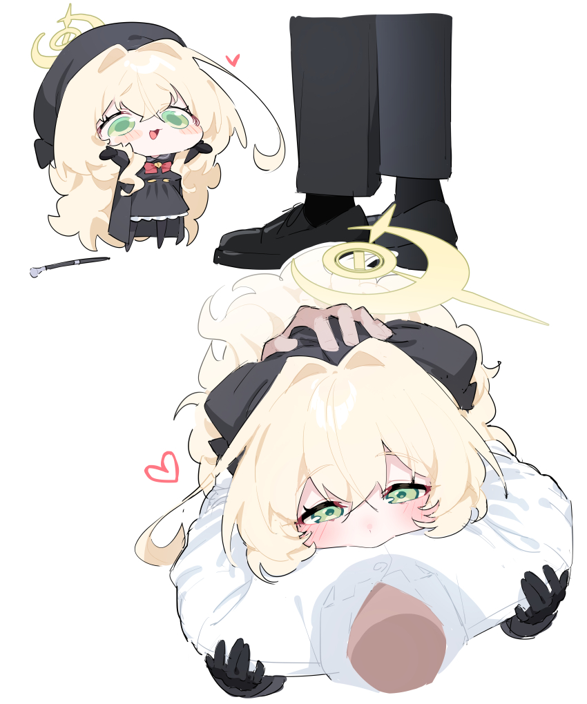 1boy 1girl :3 :d absurdly_long_hair absurdres black_coat black_dress black_gloves black_hat black_pants black_socks blonde_hair blue_archive blush blush_stickers bow bowtie chibi coat commentary_request dress from_above gloves green_eyes hair_between_eyes hair_intakes halo hat heart hetero highres honi_(honi1010) hug long_hair looking_at_another looking_up multiple_views open_mouth pants professor_niyaniya_(blue_archive) red_bow red_bowtie shirt simple_background smile socks tareme very_long_hair white_background white_shirt yellow_halo