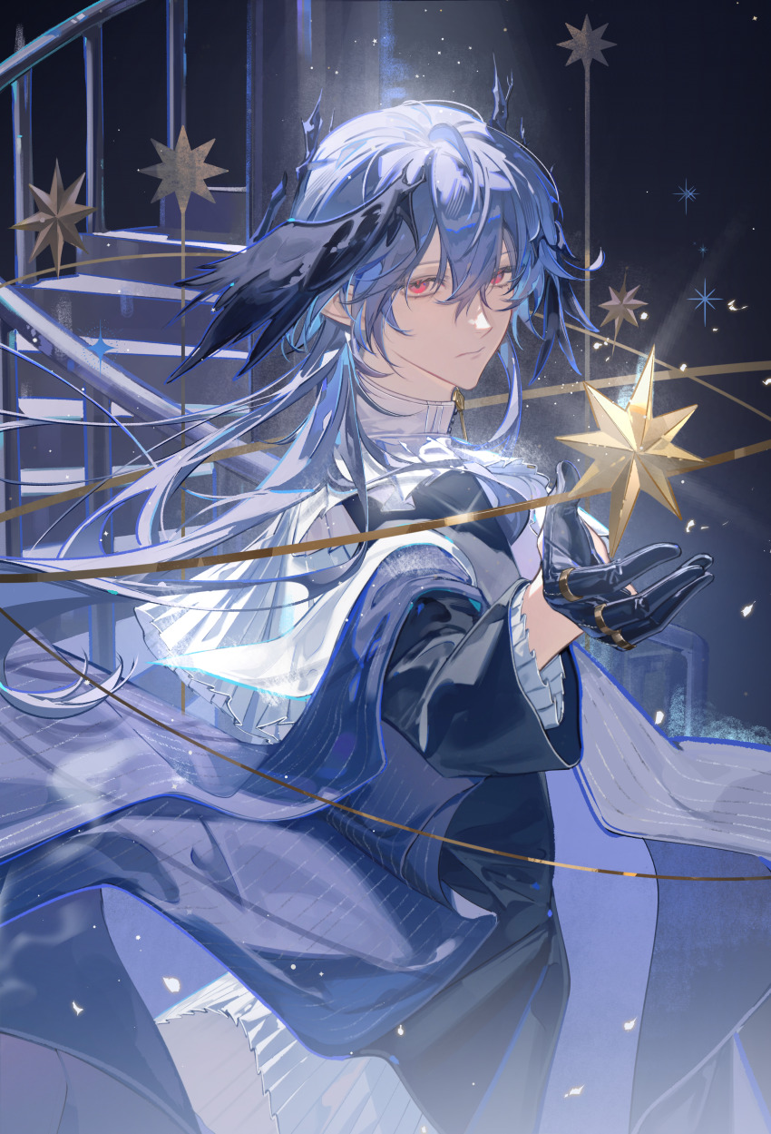 1boy absurdres ambience_synesthesia arknights black_gloves chinese_commentary closed_mouth commentary_request frilled_sleeves frills gepinaibao_(ikoffy) gloves hair_between_eyes handrail highres jewelry light_particles logos_(arknights) logos_(radiant_serenity)_(arknights) long_hair long_sleeves looking_at_viewer male_focus multiple_rings official_alternate_costume pink_eyes purple_hair railing ring solo spiral_staircase stairs