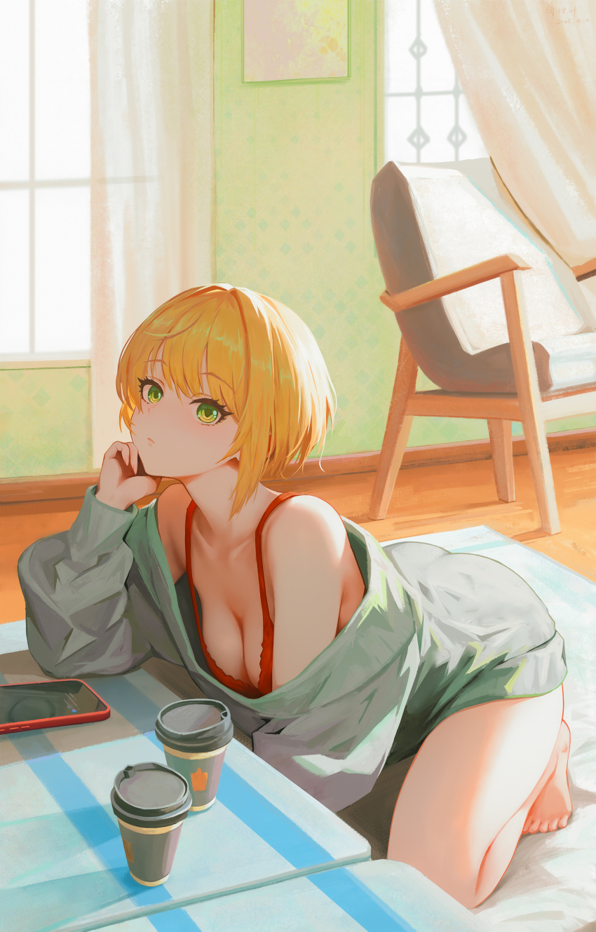 1girl absurdres bare_shoulders barefoot blonde_hair bra breasts cellphone chair cleavage collarbone cup green_eyes grey_sweater highres idolmaster idolmaster_cinderella_girls kneeling looking_at_viewer medium_breasts miyamoto_frederica phone qingli_ye red_bra short_hair single_sidelock smartphone solo sweater thighs underwear