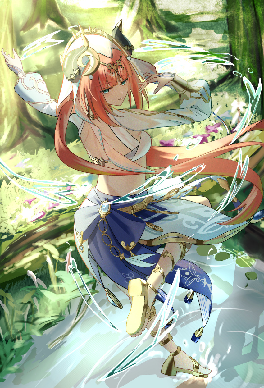 1girl absurdres aqua_eyes arms_up backless_outfit blue_skirt circlet commentary_request crop_top dancer dancing day dot_nose fake_horns forest from_behind full_body genshin_impact gladiator_sandals gold_choker gold_circlet grass harem_outfit highres horns hydrokinesis long_hair long_sleeves looking_at_viewer looking_back nature nilou_(genshin_impact) oiro_ik outdoors parted_lips pond puffy_long_sleeves puffy_sleeves red_hair sandals skirt solo standing standing_on_liquid standing_on_one_leg sunlight twintails veil very_long_hair vision_(genshin_impact) water white_veil
