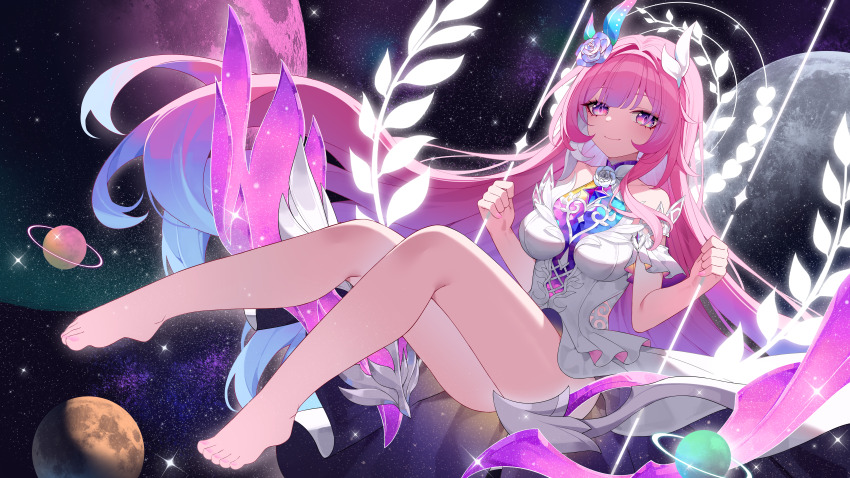 1girl absurdres bare_legs bare_shoulders barefoot breasts closed_mouth commentary cyrene_(honkai:_star_rail) cyrene_(ripples_of_past_reverie)_(honkai:_star_rail) diamond-shaped_pupils diamond_(shape) dress feet flower full_body gradient_hair hair_flower hair_ornament halo halo_behind_head highres honkai:_star_rail honkai_(series) legs long_hair looking_at_viewer medium_breasts multicolored_hair muou nail_polish pink_eyes pink_hair pink_nails planet purple_flower purple_hair purple_rose rose smile solo symbol-shaped_pupils thighs toenail_polish toenails toes very_long_hair white_dress