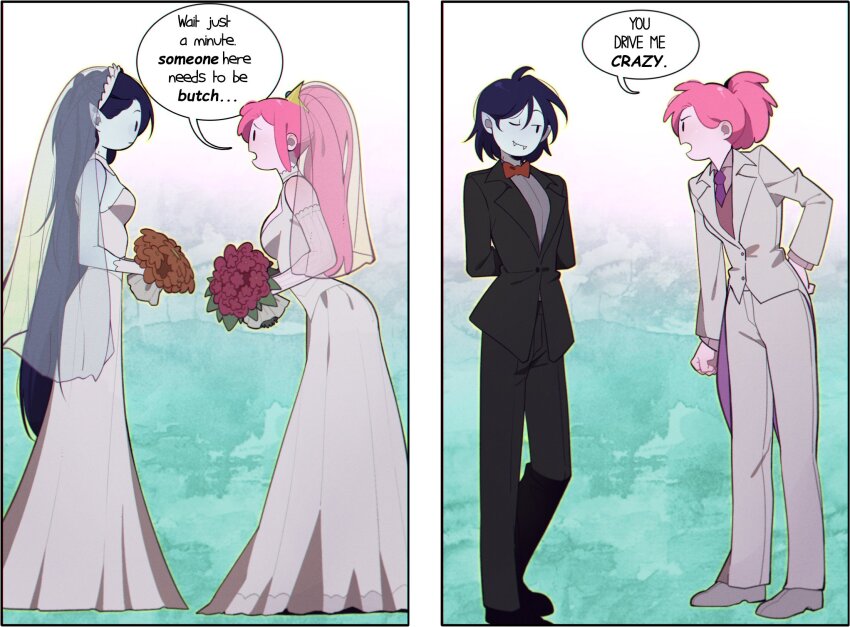 2girls adventure_time angry black_jacket black_pants black_suit black_vs_white bow bowtie bridal_veil bride brown_flower commentary dress elbow_gloves english_commentary english_text fangs female_focus flower formal_clothes gloves grey_shirt groom highres holding holding_flower jacket long_hair marceline_abadeer meme multiple_girls necktie omy-chan open_mouth pants pink_flower pink_hair pointy_ears ponytail princess_bonnibel_bubblegum purple_hair purple_necktie red_bow red_bowtie see-through_clothes see-through_veil shirt short_hair someone_here_needs_to_be_butch_(meme) speech_bubble suit tuxedo vampire veil wedding_dress white_dress white_gloves white_suit wife_and_wife yuri