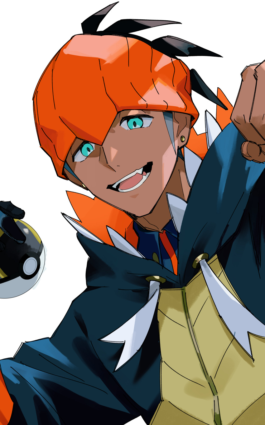1boy absurdres black_hair black_hoodie collared_shirt commentary_request earrings gloves green_eyes hands_up headband highres holding holding_poke_ball hood hoodie jewelry kibana_daisuki_man male_focus nintendo open_mouth orange_headband poke_ball pokemon pokemon_swsh raihan_(pokemon) shirt short_hair simple_background single_glove solo tassel teeth tongue ultra_ball upper_body white_background