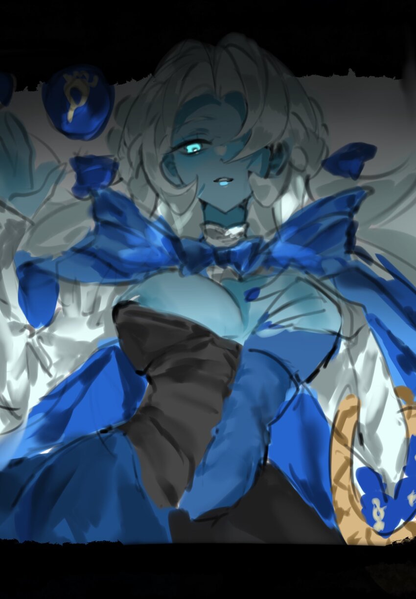 1girl aqua_sclera asymmetrical_eyelashes blue_dress blue_skin cloak colored_sclera colored_skin cookie_run cookie_run:_kingdom disguise dress graveboundveil heterochromia highres hood hooded_cloak humanization long_hair long_sleeves looking_at_viewer shadow_milk_cookie shadow_milk_cookie_(female) simple_background slit_pupils smile solo very_long_hair white_hair