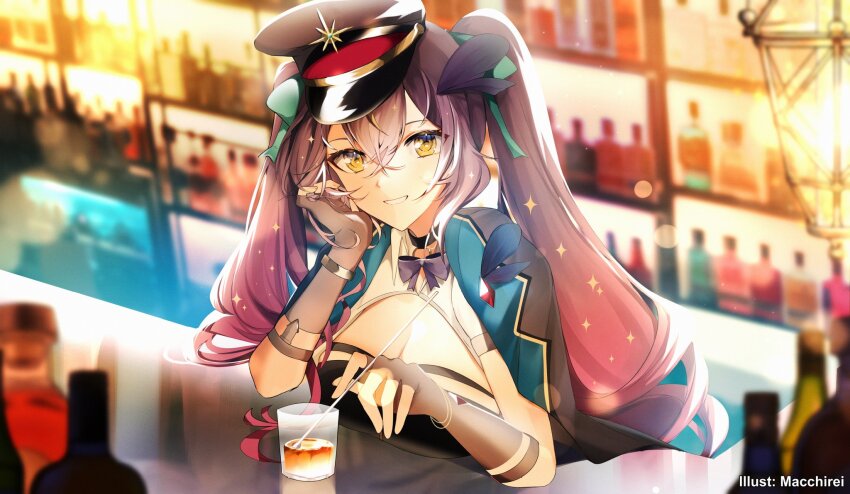 1girl alternate_costume alternate_hairstyle aqua_ribbon artist_name black_hat blurry blurry_background bokeh bottle commentary depth_of_field drink english_commentary glass grin hair_between_eyes hair_ribbon hat highres lua_asuka macchirei production_kawaii purple_hair ribbon second-party_source shrug_(clothing) smile solo stirring teeth twintails virtual_youtuber white_shrug yellow_eyes