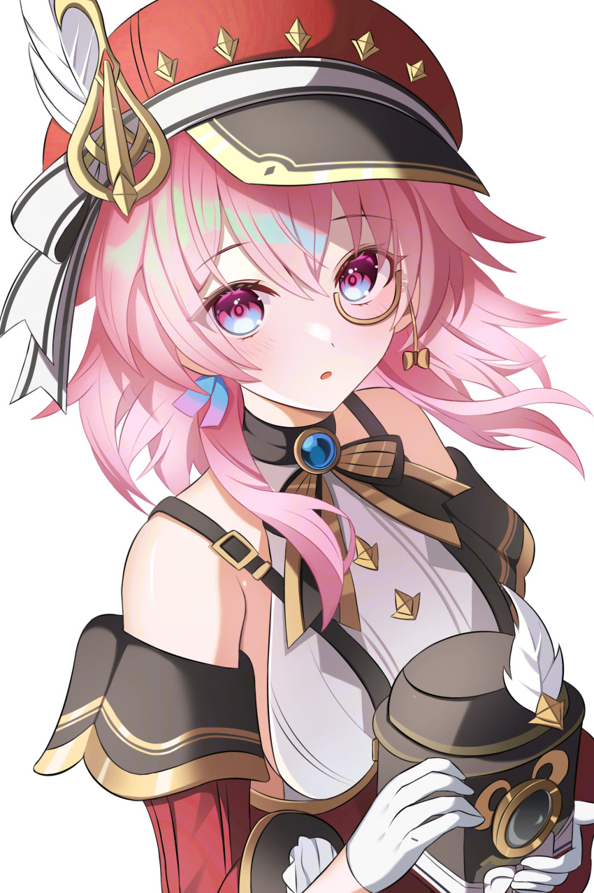 1girl :o absurdres bare_shoulders blue_gemstone cabbie_hat camera charlotte_(genshin_impact) charlotte_(genshin_impact)_(cosplay) commentary_request cosplay detached_sleeves gem genshin_impact gloves gold_trim hair_between_eyes hat highres holding holding_camera honkai:_star_rail honkai_(series) kenomotsu_yukuwa look-alike looking_at_viewer march_7th_(honkai:_star_rail) medium_hair monocle open_mouth pink_eyes pink_hair red_hat sidelocks simple_background solo upper_body white_background white_gloves