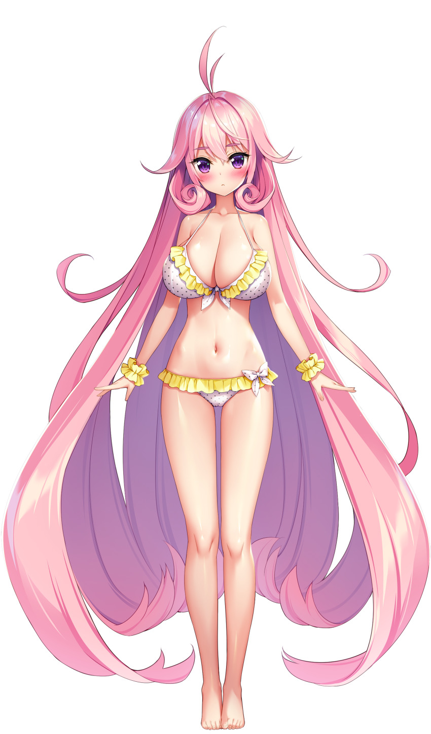 1girl absurdres antenna_hair barefoot bikini blush breasts cleavage closed_mouth curly_sidelocks derauea frilled_bikini frills full_body game_cg highres iizuki_riria large_breasts long_hair long_sidelocks looking_at_viewer milk_factory motto!_haramase!_honoo_no_oppai_chou_ero_appli_gakuen! navel non-web_source official_art outstretched_arms pink_hair polka_dot polka_dot_bikini purple_eyes scrunchie sidelocks skindentation solo spread_arms sprite standing swimsuit tachi-e transparent_background very_long_hair white_bikini wrist_scrunchie yellow_scrunchie