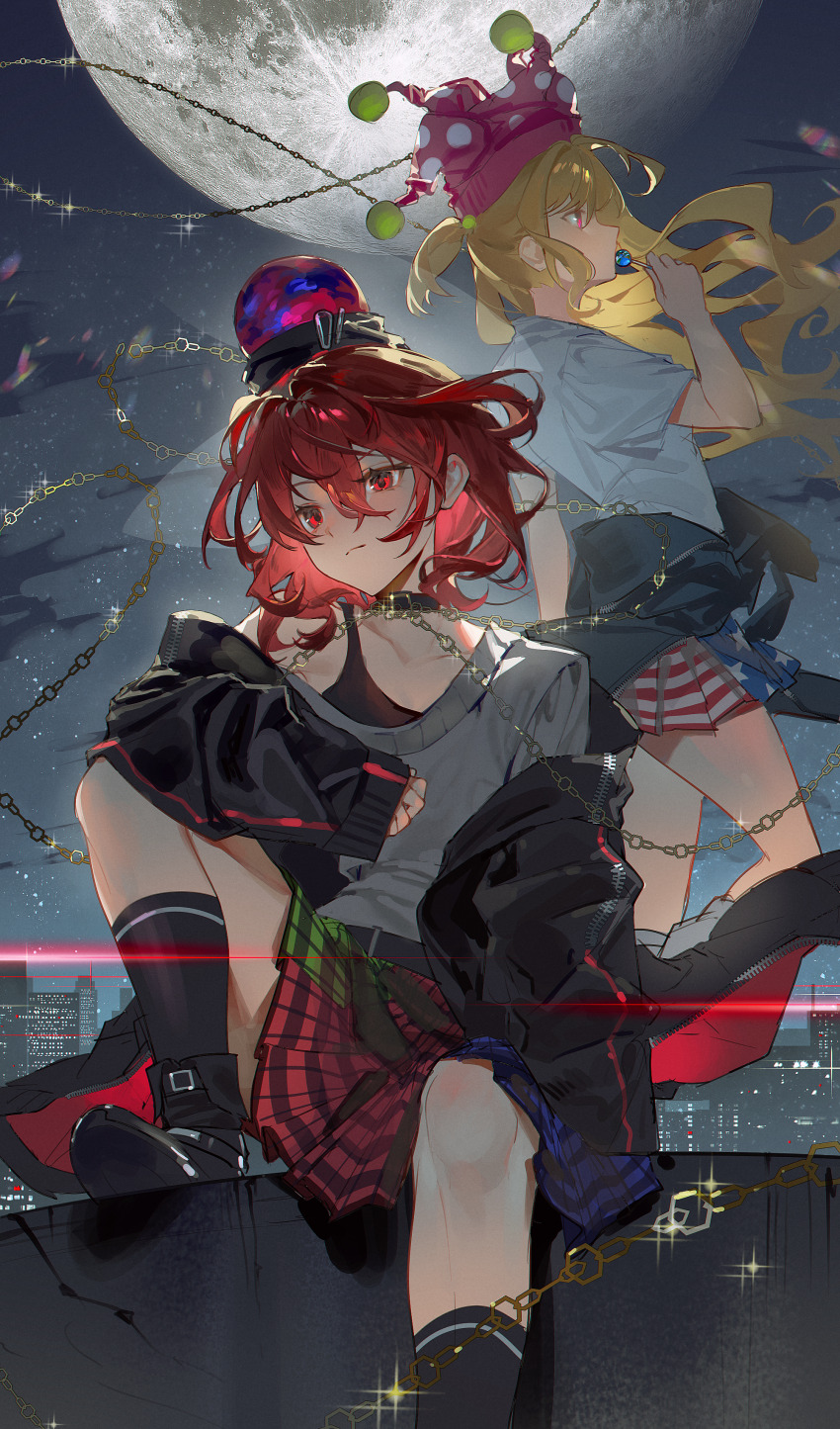 2girls absurdres american_flag_dress black_choker black_jacket black_shoes black_socks blonde_hair candy chain choker cityscape clownpiece ender_xiaohai food foot_dangle hat hecatia_lapislazuli highres jacket jester_cap lollipop long_hair looking_to_the_side medium_hair moon multicolored_skirt multiple_girls night night_sky polka_dot_headwear red_eyes red_hair rooftop shirt shoes sitting skirt sky socks standing touhou white_shirt