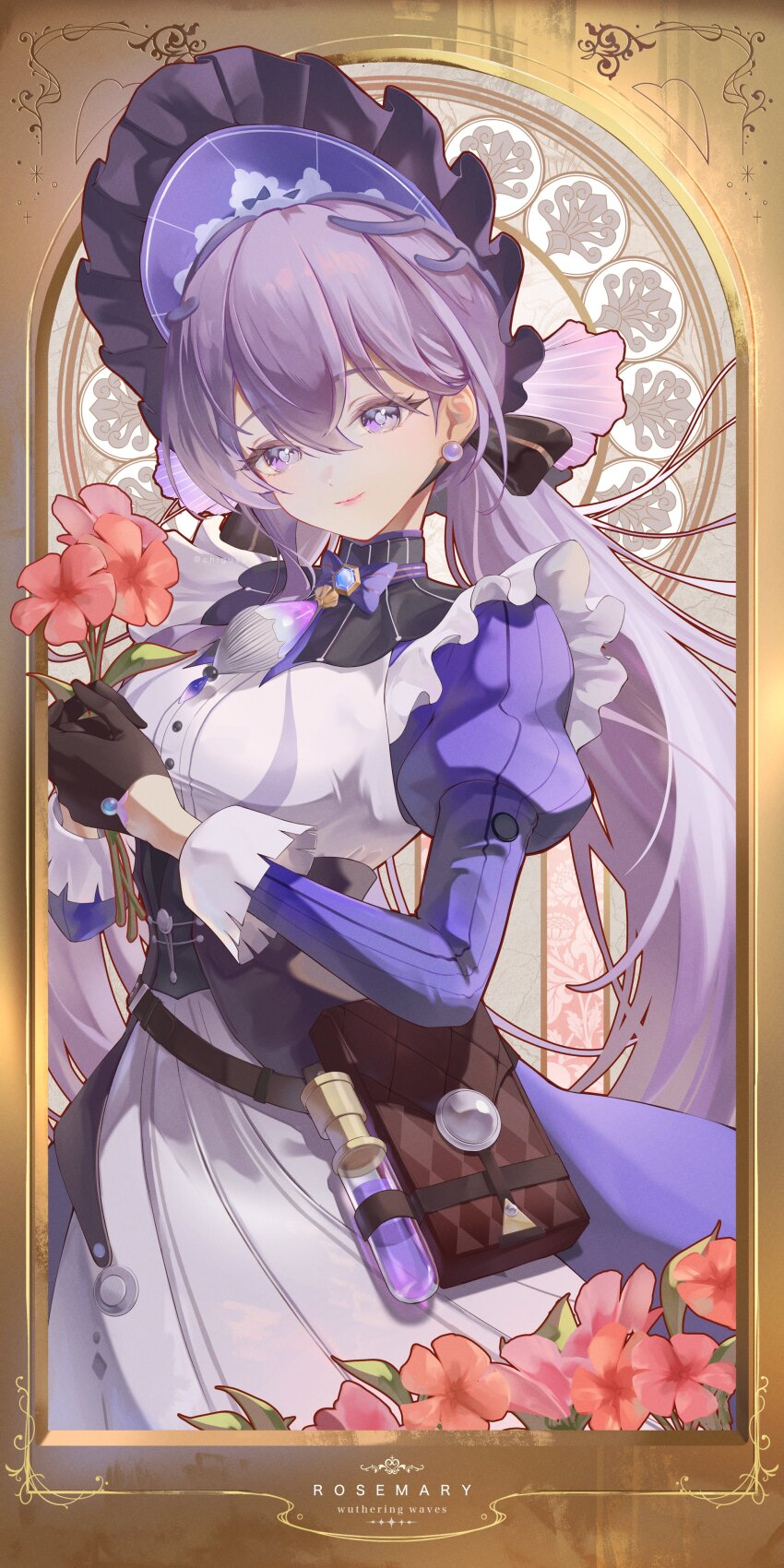 1girl absurdres apron black_gloves bonnet character_name chigusa7h closed_mouth commentary_request dress earrings gloves highres jewelry long_hair long_sleeves looking_at_viewer puffy_sleeves purple_bonnet purple_dress purple_eyes purple_hair rosemary_(wuthering_waves) smile solo very_long_hair white_apron wuthering_waves