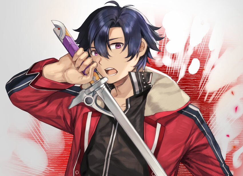 1boy absurdres black_shirt blue_hair cancanbaobao55 eiyuu_densetsu hair_between_eyes hashtag-only_commentary high_collar highres holding holding_sword holding_weapon jacket looking_at_viewer male_focus open_mouth parted_bangs purple_eyes rean_schwarzer red_jacket sen_no_kiseki sen_no_kiseki_(series) sen_no_kiseki_ii shirt short_hair solo sword upper_body weapon white_background