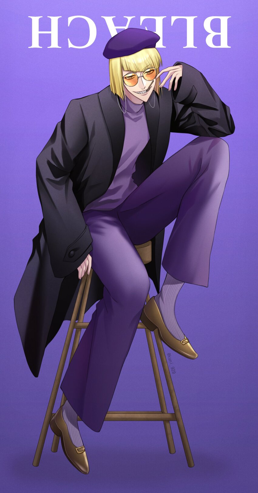1boy absurdres alternate_costume bespectacled black_coat bleach blonde_hair blunt_bangs blunt_ends bob_cut brown_eyes brown_shoes chair coat commentary copyright_name full_body glasses grin hand_up highres hirako_shinji knee_up kuni_929 looking_at_viewer male_focus on_chair open_clothes open_coat orange-tinted_eyewear pants purple_background purple_pants purple_shirt purple_theme round_eyewear shirt shoes short_hair simple_background sitting sleeves_past_wrists smile solo sunglasses symbol-only_commentary teeth tinted_eyewear turtleneck twitter_username upside-down v-shaped_eyebrows wide_sleeves