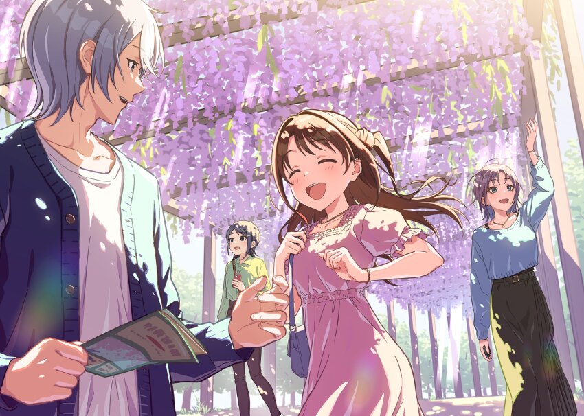 1boy 3girls :d ^_^ absurdres ahoge asakura_toru asymmetrical_bangs bag belt black_hair blue_cardigan blue_eyes blue_hair blue_sky blue_sweater bracelet brown_hair brown_pants cardigan cellphone closed_eyes cropped_sweater dappled_sunlight day denim dot_nose dress dress_shirt eyelashes flower frilled_dress frills from_side green_shirt grey_hair hair_ornament hairclip handbag happy high-waist_skirt highres holding holding_paper holding_phone idolmaster idolmaster_cinderella_girls idolmaster_dearly_stars idolmaster_shiny_colors idolmaster_side-m in-franchise_crossover jeans jewelry light_blush long_hair looking_at_another mizutani_eri multiple_girls necklace one_side_up open_cardigan open_clothes open_mouth outdoors pants paper parted_bangs phone pink_dress puffy_short_sleeves puffy_sleeves sakaki_natsuki shimamura_uzuki shirt shirt_tucked_in short_hair short_sleeves skirt sky smile sunlight sweater swept_bangs teeth tree upper_teeth_only walking white_shirt wing_collar wisteria zelo6