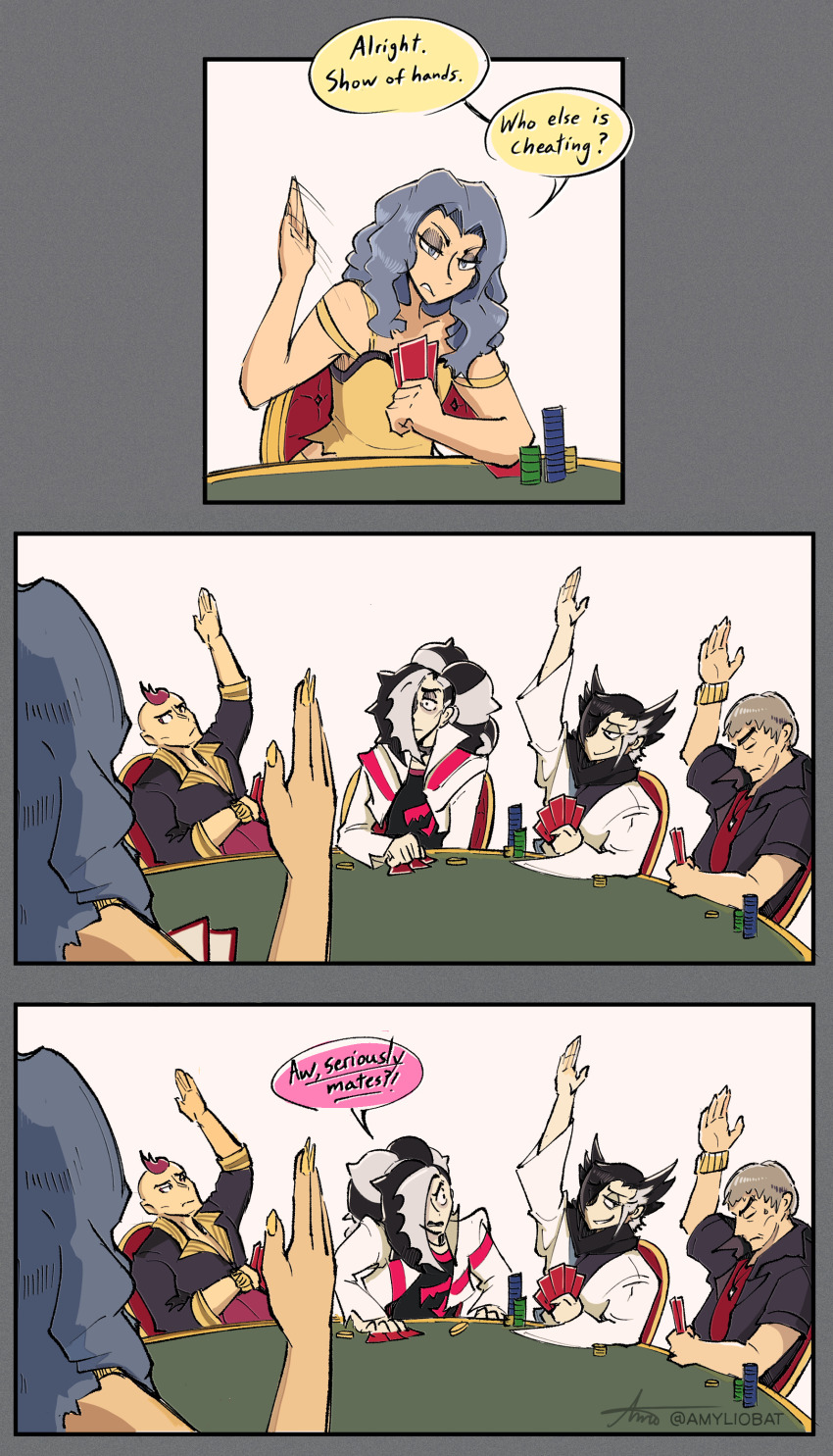 1girl 4boys absurdres black_hair black_scarf blue_hair card cheating_(competitive) driftingnova eyeshadow grey_eyeshadow grey_hair grimsley_(pokemon) hair_over_one_eye hand_up highres holding holding_card karen_(pokemon) makeup multicolored_hair multiple_boys nanu_(pokemon) nintendo pokemon pokemon_hgss pokemon_oras pokemon_sm pokemon_swsh poker red_hair scarf sidney_(pokemon) two-tone_hair white_hair wide_sleeves