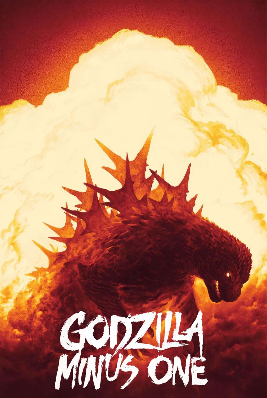 absurdres claws crossroads_baker dinosaur dust english_text epic explosion fire giant giant_monster glowing glowing_eyes glowing_mouth godzilla godzilla_(series) godzilla_minus_one helen_of_bikini_(nuclear_bomb) highres kaiju monster movie_poster mushroom_cloud no_humans no_pupils nuclear_explosion official_art open_mouth operation_crossroads phantom_city_creative poster_(medium) sea_monster sharp_teeth smoke spikes symbolism teeth toho