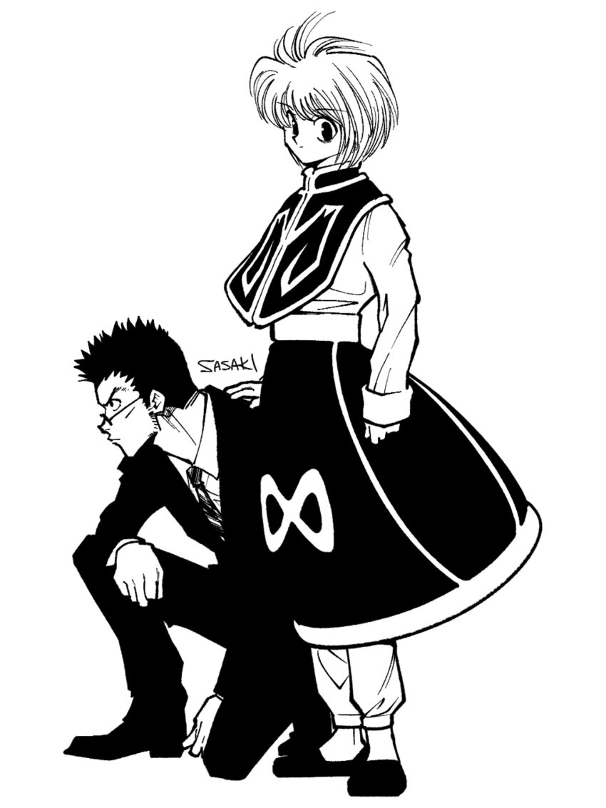 2boys black_hair black_suit formal_clothes full_body greyscale highres hunter_x_hunter kurapika leorio_paladiknight long_sleeves looking_at_viewer looking_to_the_side male_focus monochrome multiple_boys necktie round_eyewear sasaki_koguma short_hair simple_background spiked_hair squatting standing suit tabard white_background