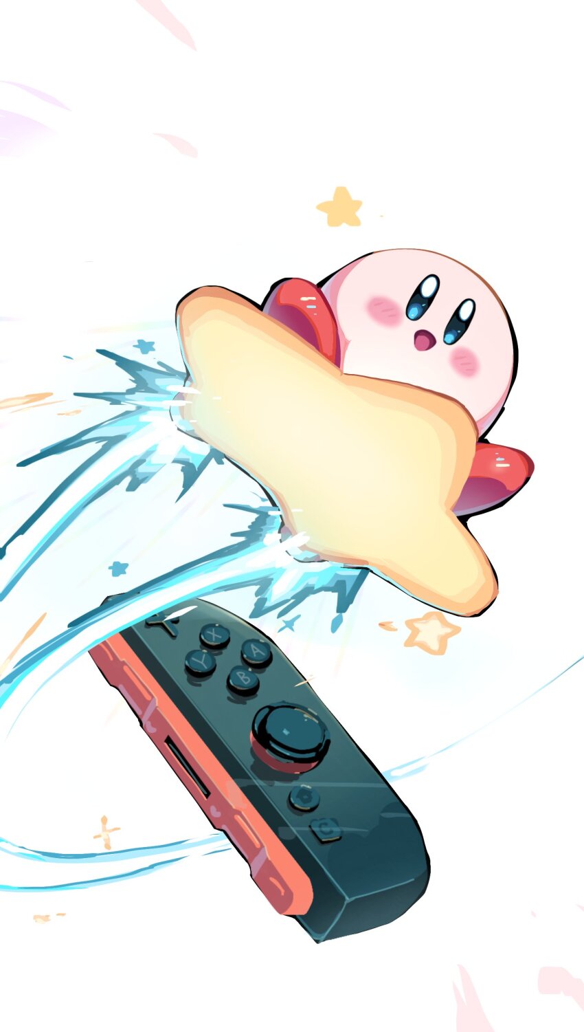:d absurdres blue_eyes blush highres joy-con kirby kirby_(series) kirby_air_ride kirby_air_riders mikanbananala nintendo nintendo_switch_2 no_humans open_mouth simple_background smile star_(symbol) warp_star white_background
