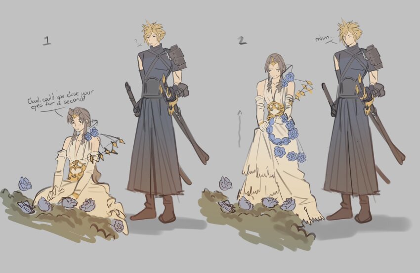 1boy 1girl aerith_gainsborough aerith_gainsborough_(prism_dress) armor black_footwear black_gloves blonde_hair blue_flower blue_rose boots breasts brown_hair closed_eyes cloud_strife cloud_strife_(murasame) detached_sleeves dress english_text final_fantasy final_fantasy_vii final_fantasy_vii_ever_crisis flower full_body gloves gold_trim grey_background highres japanese_armor japanese_clothes kneeling long_dress long_hair low_ponytail medium_breasts mmmckayyy multiple_swords official_alternate_costume parted_bangs ponytail rose rose_bush see-through_clothes see-through_sleeves short_hair shoulder_armor sidelocks single_bare_shoulder single_shoulder_pad spiked_hair white_dress white_sleeves