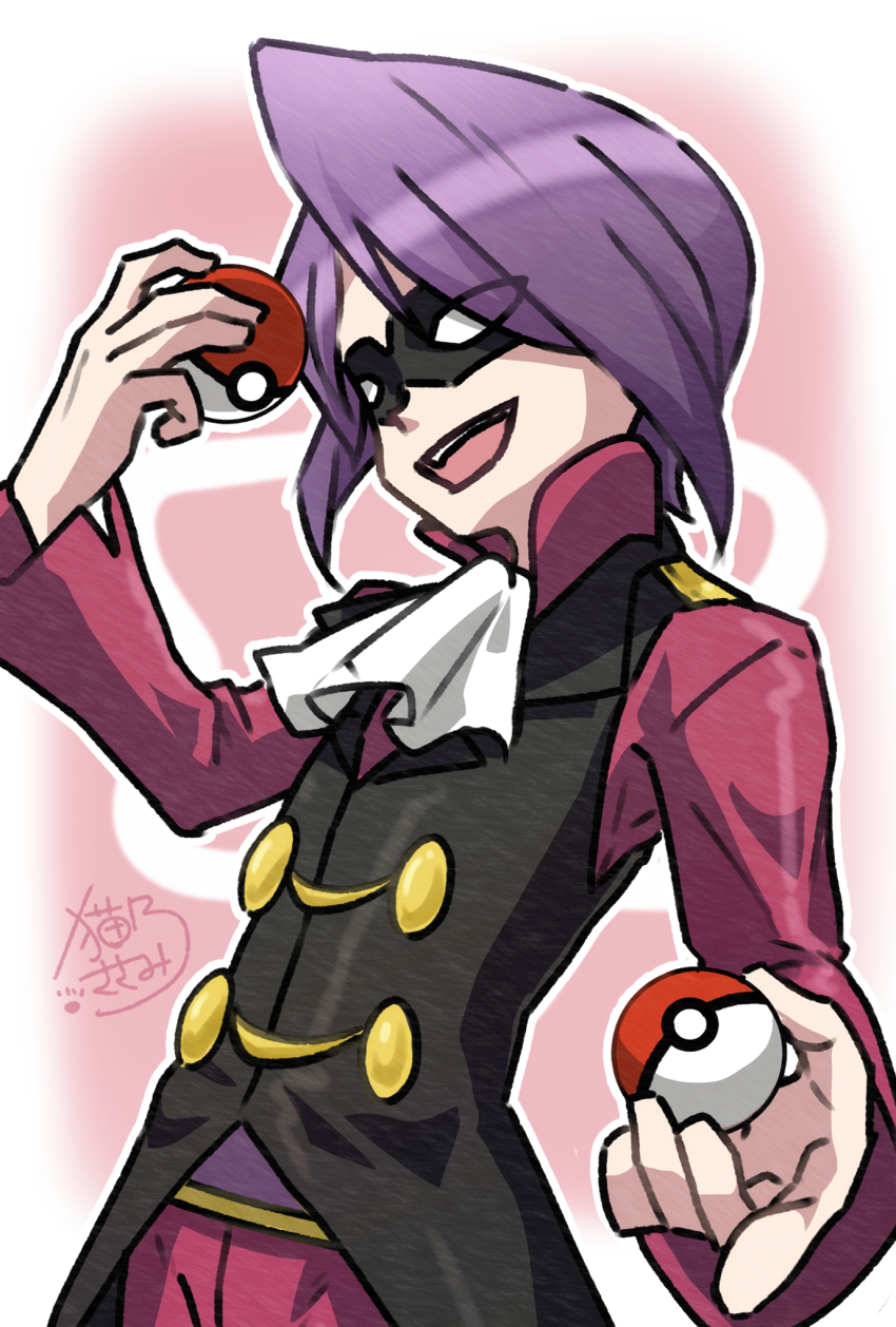 1boy :d ascot black_vest collared_shirt commentary_request domino_mask head_tilt high_collar highres holding holding_poke_ball long_sleeves male_focus mask nintendo open_mouth outline pants poke_ball poke_ball_(basic) pokemon pokemon_hgss purple_hair sasami_642 shirt signature smile solo teeth upper_teeth_only vest white_ascot will_(pokemon)