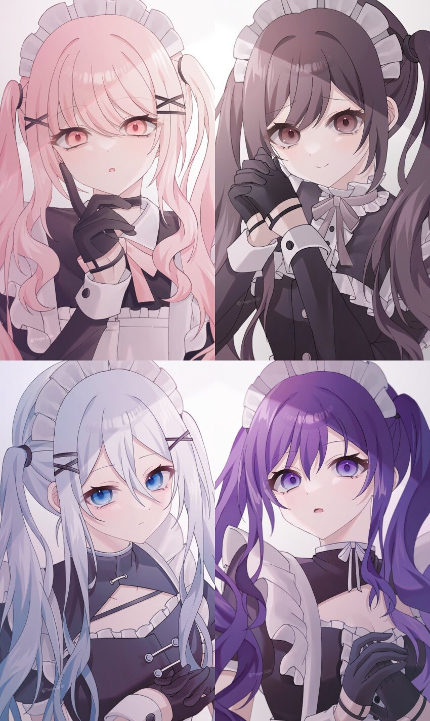 1other 25-ji_nightcord_de._(project_sekai) 3girls :o aegyo_sal akiyama_mizuki apron asahina_mafuyu black_choker black_dress black_gloves blue_eyes breasts brown_eyes brown_hair buttons center_frills choker cleavage cleavage_cutout closed_mouth clothing_cutout collared_dress commentary_request dress finger_to_cheek frilled_apron frills from_above from_below frown glove_garter gloves grey_choker grey_hair hair_ornament half_gloves hand_up hands_up highres index_finger_raised interlocked_fingers long_hair long_sleeves looking_at_viewer maid maid_apron maid_headdress multiple_girls neck_ribbon open_mouth own_hands_clasped own_hands_together pink_eyes pink_hair pink_ribbon project_sekai puffy_short_sleeves puffy_sleeves purple_eyes purple_hair ribbon ribbon_choker shinonome_ena short_sleeves sidelighting sidelocks simple_background small_breasts smile tongue touyu_1210 turtleneck turtleneck_dress twintails twitter_username upper_body white_apron white_background white_headdress white_ribbon wristband x_hair_ornament yoisaki_kanade