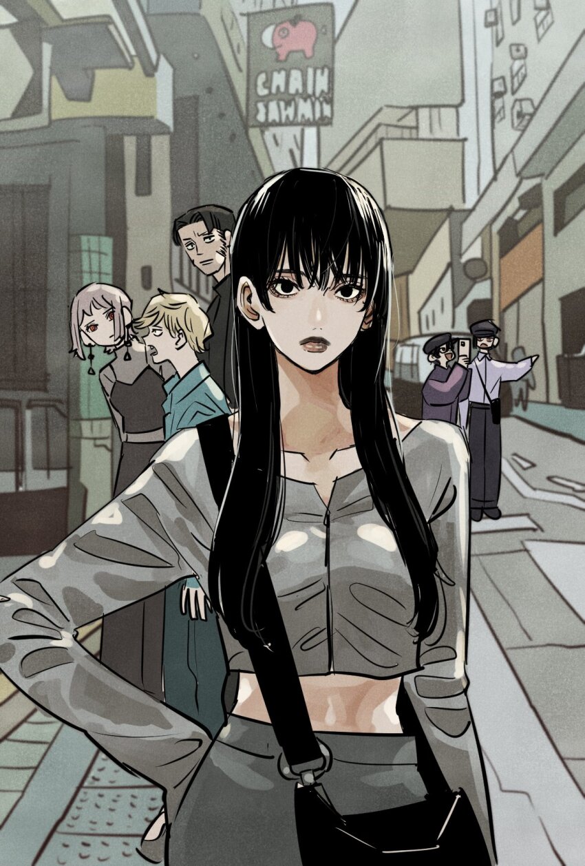 2girls 4boys bag black_hair blonde_hair chainsaw_man collared_shirt crop_top denji_(chainsaw_man) dress fami_(chainsaw_man) highres katana_man_(chainsaw_man) lipstick long_hair looking_at_viewer makeup messenger_bag mitaka_asa multiple_boys multiple_girls navel open_mouth pochita_(chainsaw_man) ringed_eyes shirt shoulder_bag sideburns takeuchi_ryousuke