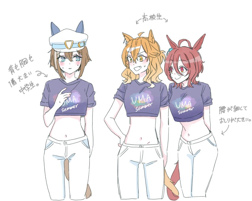3girls absurdres agnes_tachyon_(umamusume) animal_ears arrow_(symbol) black_shirt blush brown_eyes brown_hair cheval_grand_(umamusume) closed_mouth clothes_writing crop_top cropped_legs ears_through_headwear fang hair_between_eyes hand_up hat highres horse_ears horse_girl horse_tail jungle_pocket_(umamusume) midriff multiple_girls navel pants peaked_cap red_eyes seila_rei shirt short_sleeves simple_background smile sweat tail translation_request uma_summer_(umamusume) umamusume white_background white_hat white_pants