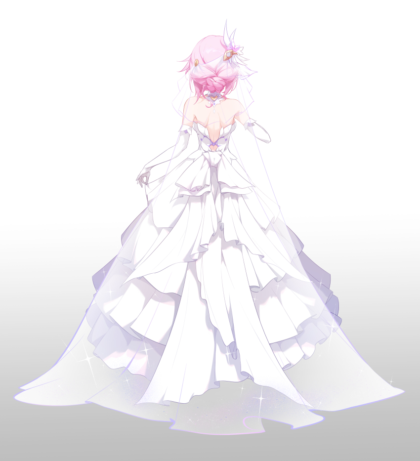 1girl absurdres alternate_costume back bare_shoulders bridal_veil chinese_commentary commentary_request dress elbow_gloves elysia_(honkai_impact) from_behind gloves highres honkai_(series) honkai_impact_3rd pink_hair short_hair simple_background solo veil via_shinan wedding_dress white_background white_dress white_gloves