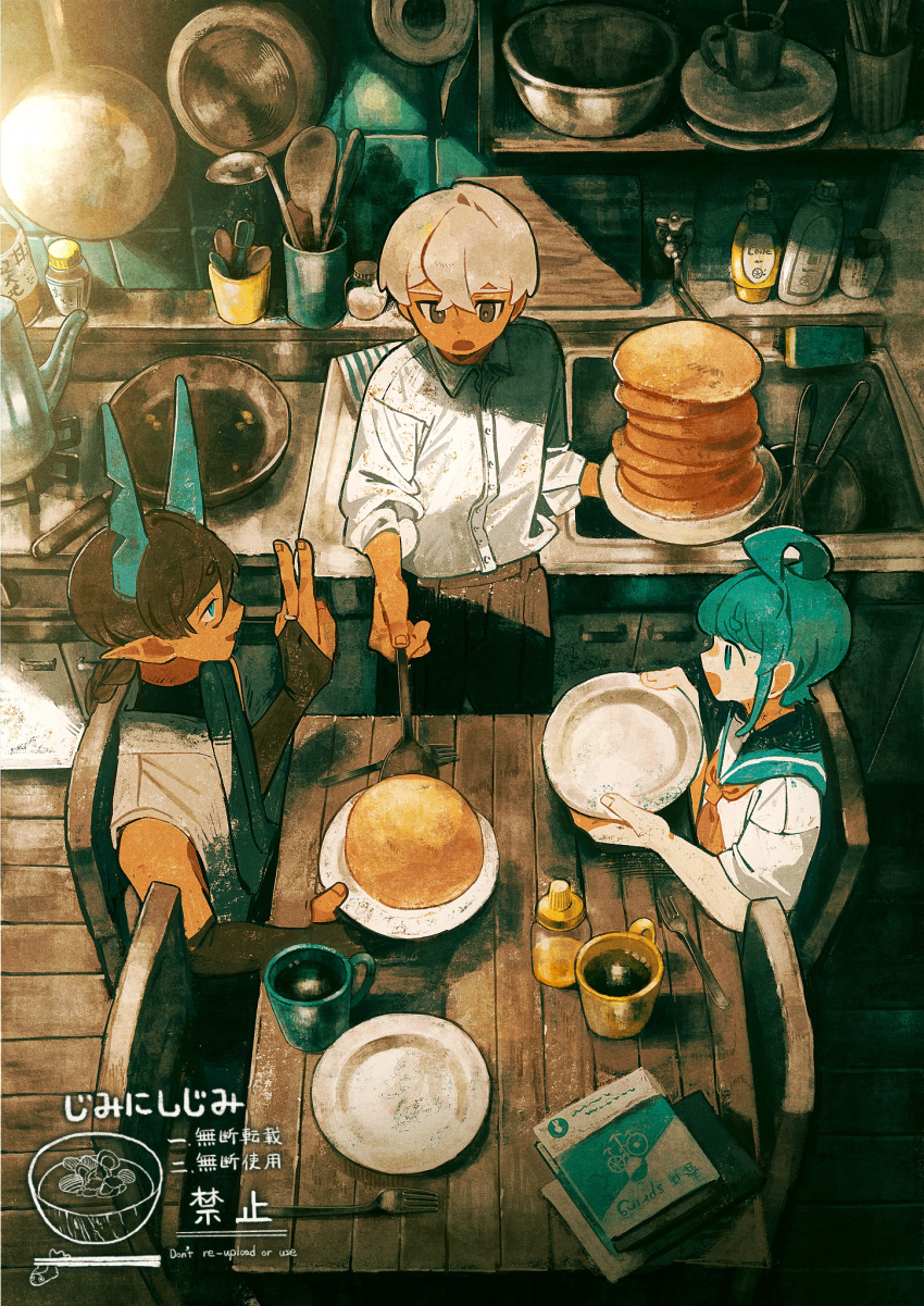 1girl 2boys ahoge aqua_eyes aqua_hair aqua_sailor_collar book braid brown_eyes brown_hair brown_pants cabinet chair coffee coffee_mug collared_shirt commentary_request cooking_pot crossed_bangs cup dress_shirt faucet finger_counting fingernails food fork from_above frying_pan highres holding holding_food holding_plate holding_spatula honey horns jimini_shijimi kettle kitchen ladle long_hair long_sleeves mixing_bowl mug multiple_boys neckerchief open_mouth orange_neckerchief original pancake pancake_stack pants plate pointy_ears sailor_collar school_uniform shirt short_hair short_sleeves sidelocks sink sitting sleeveless sleeveless_shirt sleeves_rolled_up spatula sponge spoon standing stove table talking tile_wall tiles water whisk white_hair white_shirt wooden_chair wooden_floor wooden_spoon wooden_table