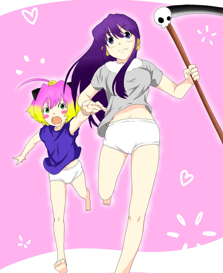 bloomers blush cosplay crossover gradient_hair guchuko guchuko_(cosplay) highres hitotsubashi_yurie kamichu! multicolored_hair panties potemayo potemayo_(character) potemayo_(cosplay) saegusa_matsuri scythe underwear
