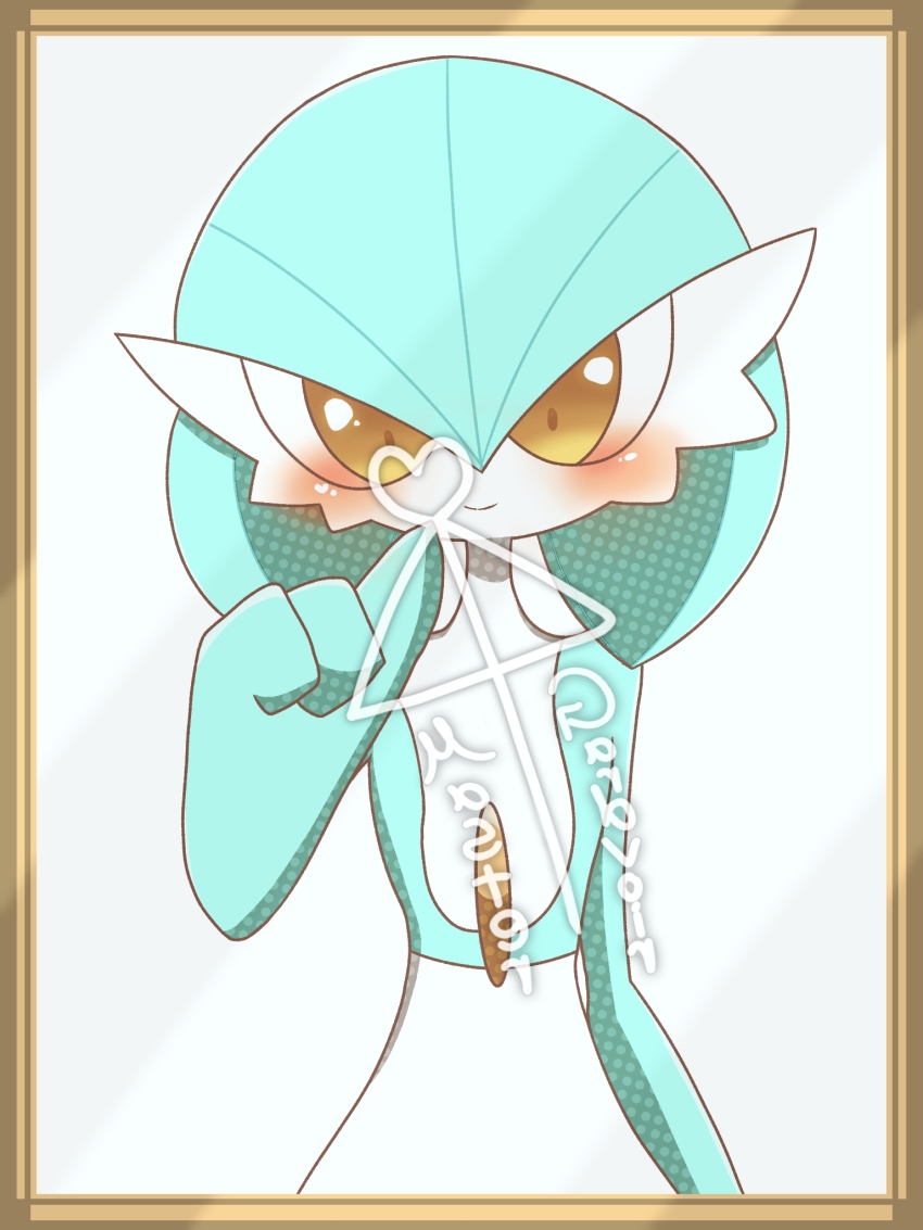 1girl ai_ai_gasa alternate_color arm_at_side backwards_text blue_hair blue_skin blush bob_cut border brown_border character_name closed_mouth colored_skin english_text female_focus finger_writing flat_chest gardevoir gen_3_pokemon glass grey_background hair_between_eyes hand_up happy heart highres looking_at_viewer multicolored_skin nintendo orange_eyes pokemon pokemon_(creature) shiny_pokemon short_hair simple_background smile solo standing straight-on two-tone_skin upper_body white_skin yuri_(fl0werspace)