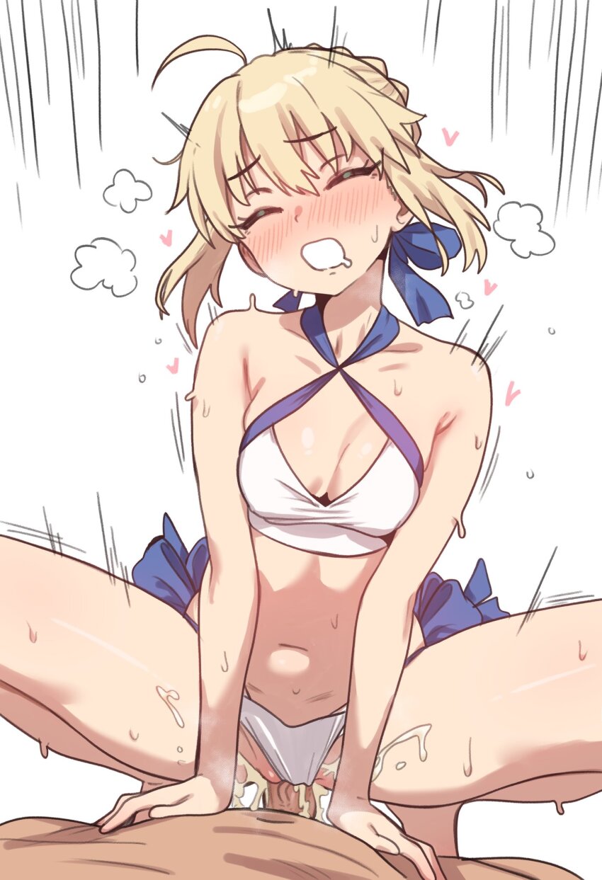 1boy 1girl ahoge artoria_pendragon_(fate) artoria_pendragon_(swimsuit_archer)_(fate) artoria_pendragon_(swimsuit_archer)_(first_ascension)_(fate) bikini blonde_hair braid braided_bun breasts cleavage closed_eyes commentary cowgirl_position cum cum_in_pussy cum_overflow ebora fate/grand_order fate_(series) hair_bun hetero highres penis saber_(fate) sex short_hair small_breasts straddling sweat swimsuit uncensored vaginal white_background white_bikini
