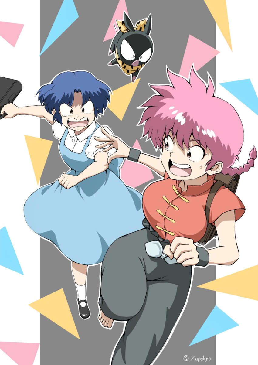 2girls angry animal_print black_pants black_shoes black_wrist_cuffs blue_dress blue_hair braid breasts briefcase chinese_clothes collared_shirt dress furrowed_brow genderswap genderswap_(mtf) hair_between_eyes highres holding holding_briefcase large_breasts leopard_print mary_janes medium_breasts multiple_girls neckerchief open_mouth p-chan pants parted_bangs pink_hair print_neckerchief puffy_short_sleeves puffy_sleeves ranma-chan ranma_1/2 red_shirt shirt shirt_under_dress shoes short_hair short_hair_with_long_locks short_sleeves shouting single_braid socks spiked_hair sweatdrop tendou_akane twintails white_shirt white_socks wrist_cuffs zupakyo
