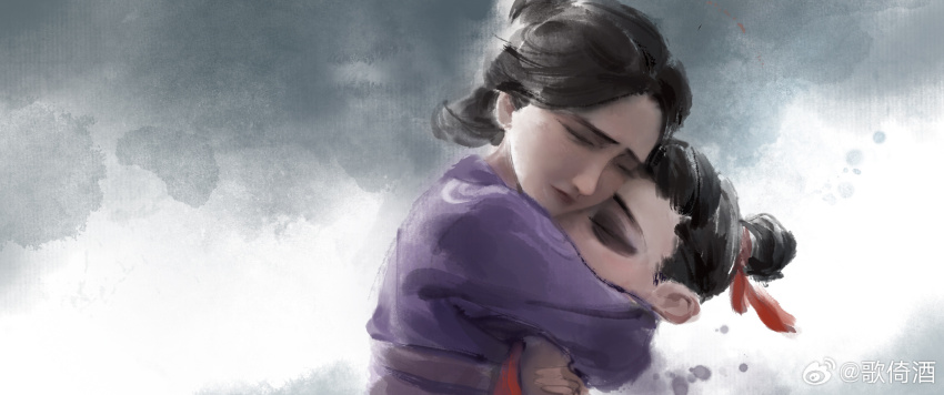 1boy 1girl black_eyeshadow black_hair closed_eyes eyeshadow faux_traditional_media from_side hair_bun hair_ribbon heads_together highres hug ink_wash_painting lady_yin_(nezha_zhi_motong_jiangshi) makeup mother_and_son nezha_(nezha_zhi_motong_jiangshi) nezha_zhi_motong_jiangshi official_art purple_hanfu red_ribbon ribbon short_hair upper_body watermark weibo_watermark wenxu_xu