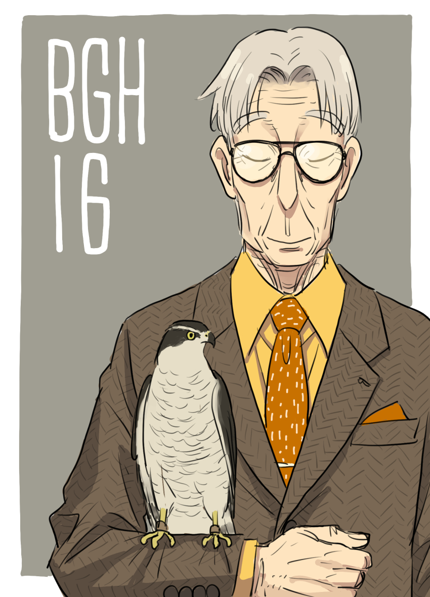 1boy animal_on_arm bird bird_on_arm brown_jacket closed_eyes commentary_request endou_tatsuya formal_clothes glasses grey_hair hawk highres jacket male_focus matthew_mcmahon necktie old old_man orange_necktie shirt solo spy_x_family suit upper_body yellow_shirt