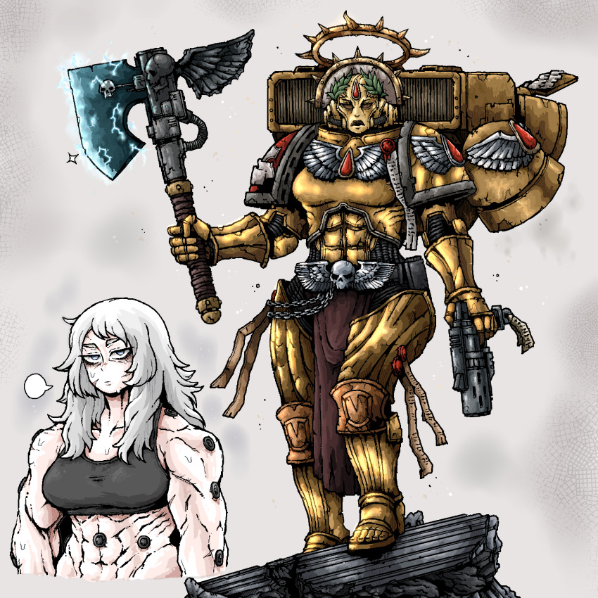 1girl abs armor asymmetrical_dual_wielding axe blood blood_angels blood_drop blood_ruby_(warhammer) broken_pillar commentary cropped_torso dante_(warhammer_40k) dual_wielding english_commentary gem genderswap genderswap_(mtf) grey_eyes gun handgun highres holding holding_axe jetpack loincloth long_hair mature_female multiple_views multiple_weapons muscular muscular_female octosoup olive_wreath power_armor purity_seal red_gemstone skull solo teardrop-shaped_gem warhammer_40k weapon white_hair