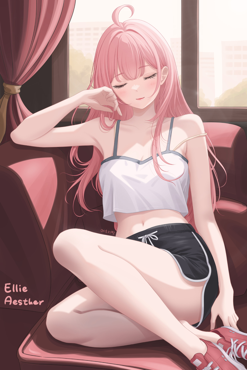 1girl absurdres ahoge arm_up armpits bare_arms bare_legs bare_shoulders black_shorts breasts camisole charon_universe closed_eyes closed_mouth collarbone crop_top crop_top_overhang dolphin_shorts ellie_(charon_universe) facing_viewer highres indoors medium_breasts midriff myomomoo navel red_shoes shirt shoes short_shorts shorts sitting sleeveless sleeveless_shirt smile sneakers solo spaghetti_strap stomach thighs virtual_youtuber white_shirt