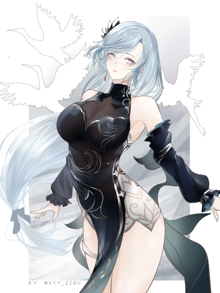 1girl absurdres armpits bare_shoulders black_dress border breasts china_dress chinese_clothes cleavage commentary cowboy_shot detached_sleeves dress earrings english_commentary eyeliner genshin_impact grey_hair highres jewelry kyy_zeru long_hair low-tied_long_hair makeup outside_border parted_bangs parted_lips pelvic_curtain red_eyeliner see-through_cleavage see-through_clothes shenhe_(frostflower_dew)_(genshin_impact) shenhe_(genshin_impact) sleeveless sleeveless_dress solo white_border white_eyes