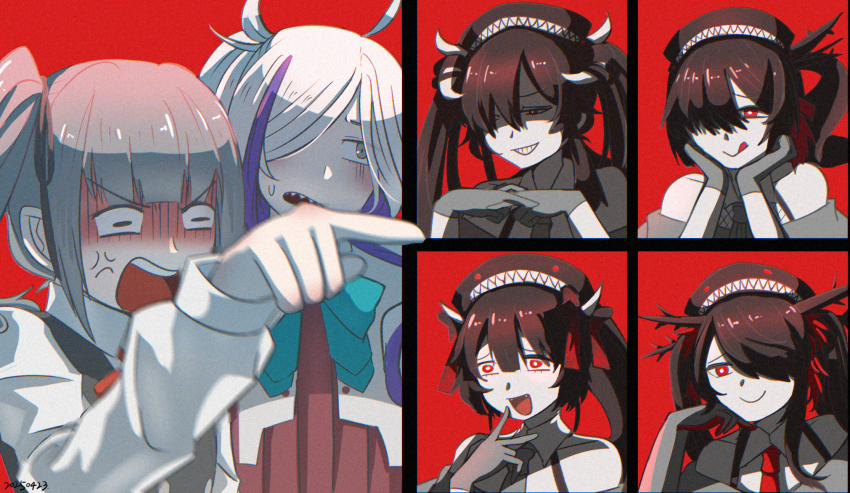 6+girls abyssal_ship ahoge anger_vein aqua_bow asashimo_(kancolle) asashimo_kai_ni_(kancolle) bare_shoulders black_hair black_hat black_necktie bow dress dress_shirt frilled_dress frills gloves grey_eyes grey_hair grin hair_over_one_eye hat highres horns kantai_collection kasumi_(kancolle) kasumi_kai_ni_(kancolle) licking_lips long_hair lsnsn meme multicolored_hair multiple_girls necktie open_mouth own_hands_clasped own_hands_together pale_skin pinafore_dress pointing purple_dress purple_hair ra-class_destroyer ra-class_destroyer_alpha ra-class_destroyer_beta ra-class_destroyer_delta ra-class_destroyer_gamma red_eyes red_necktie red_ribbon ribbon school_uniform sharp_teeth shirt side_ponytail sidelocks sleeveless sleeveless_dress smile smug teeth tongue tongue_out twintails two-tone_hair vest white_shirt white_vest woman_yelling_at_cat_(meme)
