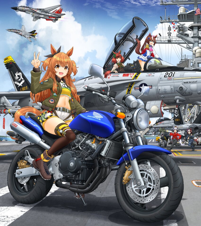 5girls absurdres aircraft aircraft_carrier airplane assault_rifle blue_eyes boots brown_eyes brown_hair camouflage camouflage_jacket camouflage_pants fighter_jet flag gold_ship_(umamusume) gun highres holding holding_gun holding_missile holding_weapon honda horse_girl jacket mayano_top_gun_(umamusume) midriff mikeran_(mikelan) military_vehicle missile motor_vehicle motorcycle multiple_girls nice_nature_(umamusume) orange_hair pants ponytail red_hair rifle ship special_week_(umamusume) tokai_teio_(umamusume) twintails umamusume v warship watercraft weapon white_hair