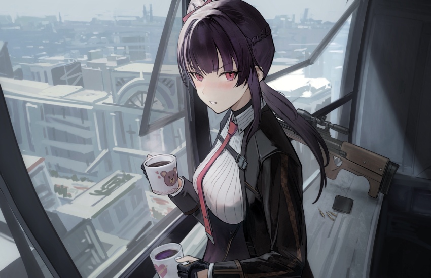 1girl black_gloves black_jacket blush breasts building bullpup chinese_commentary commentary cup english_commentary girls&#039;_frontline girls&#039;_frontline_2:_exilium gloves gun highres holding holding_cup indoors jacket long_hair looking_at_viewer magazine_(weapon) makiatto_(girls&#039;_frontline_2) mixed-language_commentary necktie open_mouth partially_fingerless_gloves purple_hair red_eyes red_necktie rifle rifle_cartridge shenme_niao_mingzi sniper_rifle solo wa2000_(girls&#039;_frontline) walther walther_wa_2000 weapon white_mouth