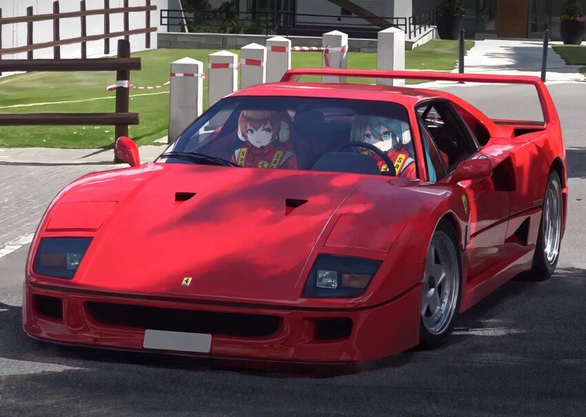 2girls blue_eyes blue_hair brown_hair car character_request ferrari ferrari_f40 hatsune_miku jacket motor_vehicle multiple_girls red_jacket sports_car takepon1123 vehicle_focus vocaloid wheel