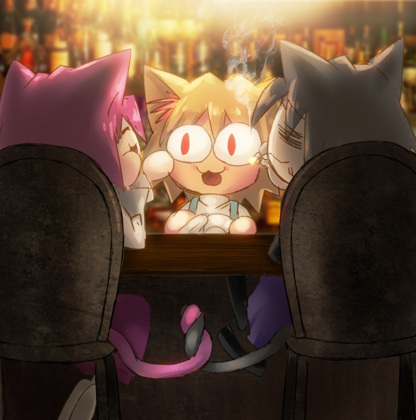1boy 2girls animal_ears bar_(place) bartender blonde_hair cat_ears cat_girl chair chibi cigarette closed_eyes grey_hair highres juki. melty_blood multiple_girls neco-arc neco-arc_chaos neco-arc_destiny open_mouth pink_hair plate red_eyes short_hair sitting smoking tail tobacco tsukihime type-moon