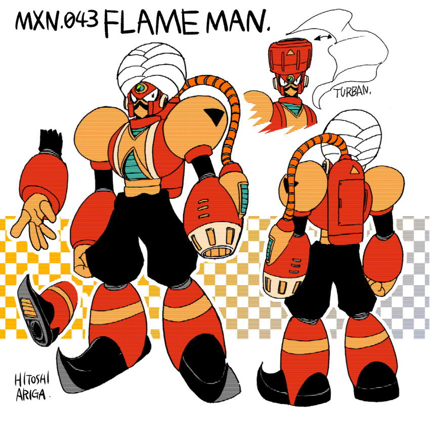 1boy android ariga_hitoshi arm_cannon armor arrow_(symbol) artist_name black_eyes black_footwear boots character_name checkered_background commentary_request english_text facial_hair flame_man forehead_jewel from_behind full_body gem gradient_background green_gemstone grey_background helmet highres industrial_pipe joints knee_boots looking_ahead looking_at_viewer male_focus mega_man_(classic) mega_man_(series) mega_man_6 mega_man_megamix multiple_views mustache no_humans no_mouth pointy_footwear portrait red_footwear reference_sheet robot robot_joints scanlines shoe_soles simple_background standing tank_(container) turban turnaround weapon white_background yellow_background