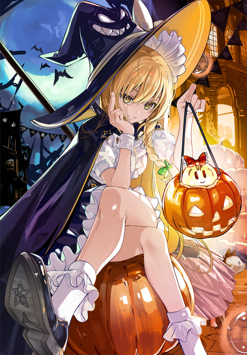 1girl black_cape black_shoes blonde_hair bow braid building cape commentary_request crescent_moon crossed_legs dress green_bow grin hair_between_eyes hair_bow halloween hat highres holding jack-o&#039;-lantern kirisame_marisa l.f. long_hair looking_at_viewer moon night pumpkin shoes shorts sidelocks sitting smile solo touhou very_long_hair white_dress white_shorts witch_hat wrist_cuffs yellow_eyes