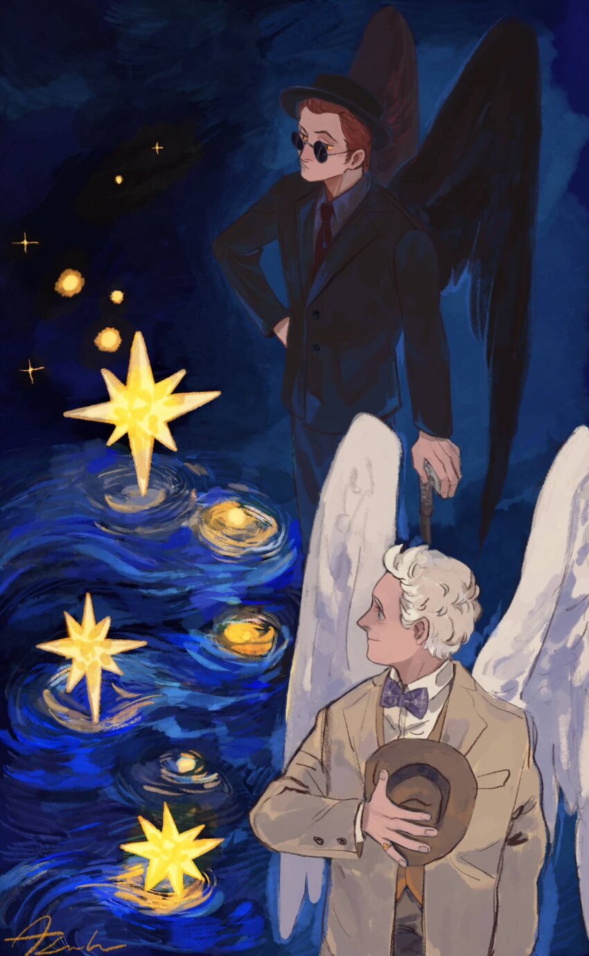 2boys angel angel_wings artist_name asolablue aziraphale_(good_omens) black_headwear black_pants black_shirt black_suit black_wings bow bowtie brown_pants brown_vest cane collared_shirt cowboy_shot crowley_(good_omens) dark_background demon demon_boy feathered_wings formal_clothes glasses good_omens hat highres holding holding_cane holding_unworn_clothes holding_unworn_hat multiple_boys necktie pants purple_bow purple_bowtie red_hair red_necktie shirt slit_pupils starry_night_(van_gogh) suit unworn_hat unworn_headwear vest white_hair white_shirt white_suit white_wings wings yellow_eyes